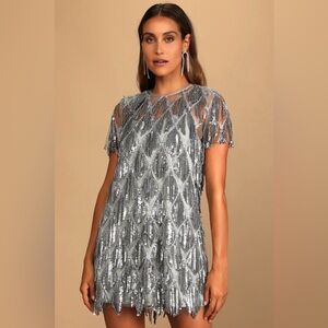 Lulus On a the Dance Floor Silver Sequin Fringe Shift Dress size Small